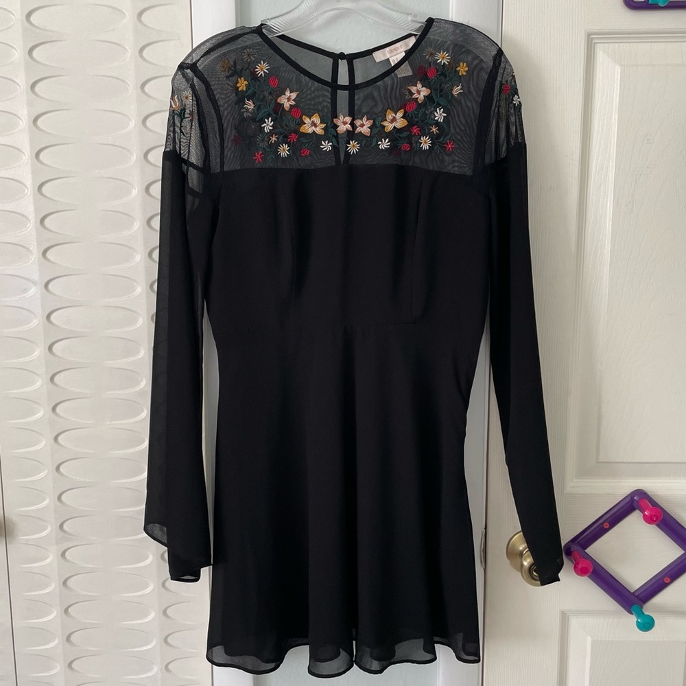 Adorable black dress with mesh long sleeves and flower embroidery by Forever XXI